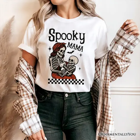 Spooky Mama Skeleton Halloween T-Shirt, Momster Retro Checkered Tee With Boo Vibes {2}