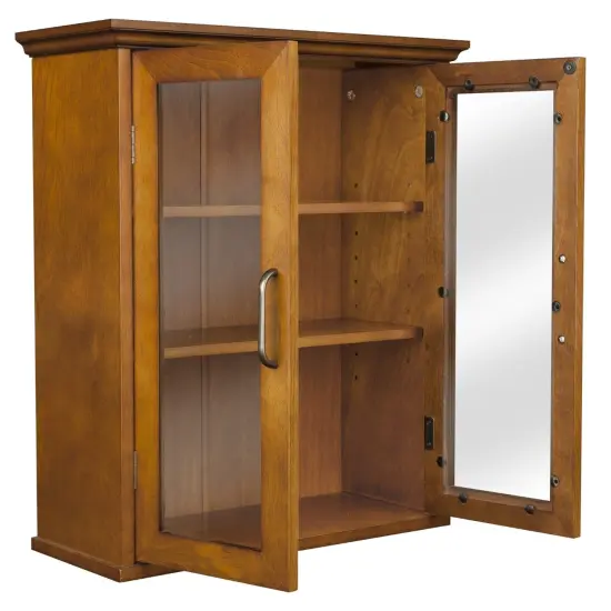 Oak Finish Bathroom Wall Cabinet with Glass 2-Doors & Shelves {3}