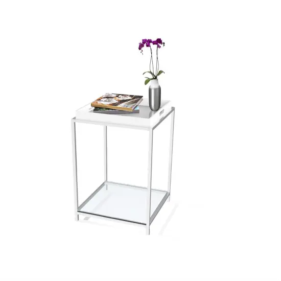 Modern Chrome End Table with Removable White Tray and Tempered Glass Shelves for Living Room {1}