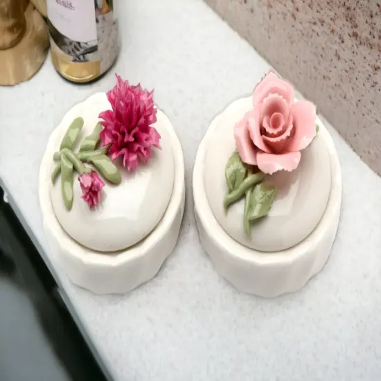 Ceramic Pink Rose and Carnation Flower Trinket Box (Set Of 2), Home D&eacute;cor, Gift for Her, Gift for Mom, Vanity D&eacute;cor, Wedding Table D&eacute;cor {1}