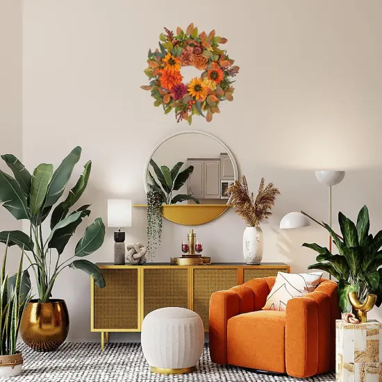 24-26 Inch Fall Wreath with Orange Artificial Pumpkin {3}