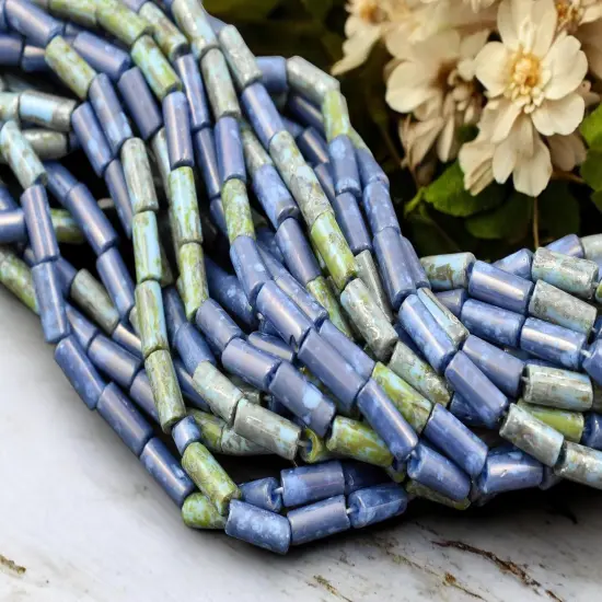 9x4mm Aged Wampum Blue Turquoise Picasso Bugle Bead Mix (21" Strand) {4}