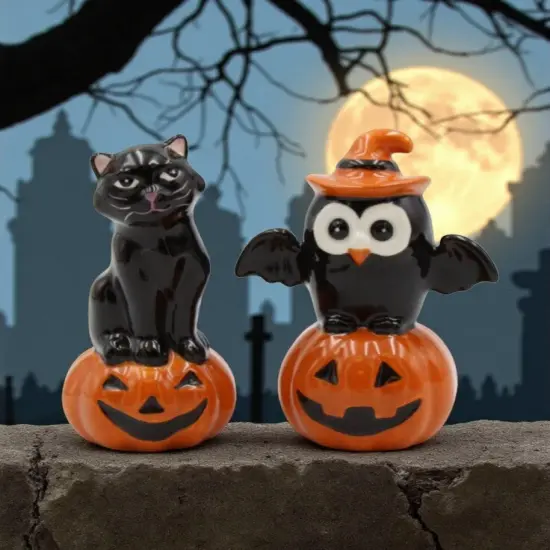 Ceramic Halloween Decor Black Owl And Black Cat On Pumpkin Salt And Pepper, Home D&eacute;cor, Gift for Her, Mom, Kitchen D&eacute;cor, Fall D&eacute;cor {3}