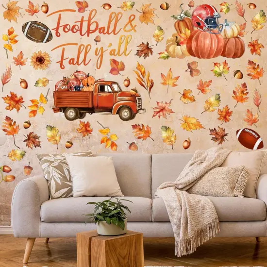 6 Sheets 185 Pieces Fall Wall Decals Maple Leaves Pumpkin - Fall Football {2}