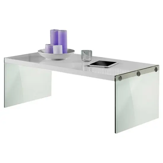 Modern Rectangular White Coffee Table with Tempered Glass Legs and Glossy Finish for Living Room {2}