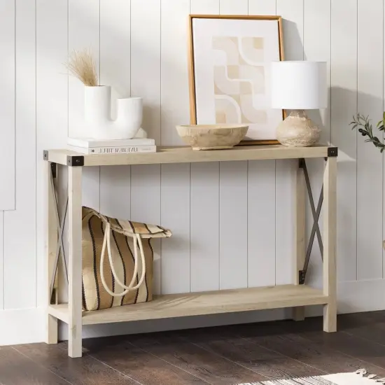 Modern Wood Finish Entryway Console Table with Lower Shelf and Metal Accents for Shoes or Decor White Oak {1}