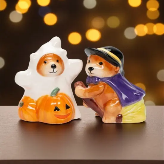 Ceramic Halloween Teddy Bear Witch and Ghost Salt and Pepper Shakers, Gift for Her, Mom, Kitchen D&eacute;cor, Fall D&eacute;cor {2}