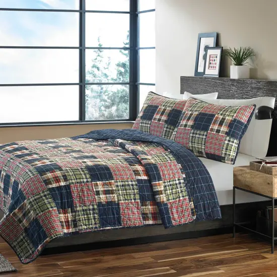 Farmhouse Red Navy Plaid 100-Percent Cotton Reversible Quilt Set {1}
