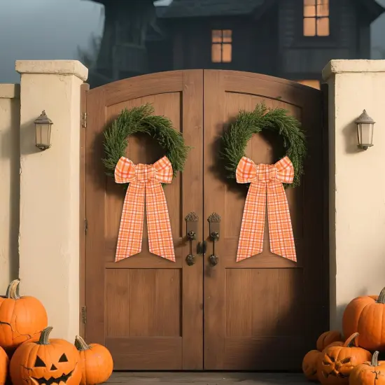 Fall Wreath Sash for Front Door - 2 Pcs Buffalo Check Orange Sashes for Wreaths Farmhouse Home Decor, 60 Inch Plaid Autumn Wreath Sashes for Embroidery DIY Bow Thanksgiving Halloween {3}