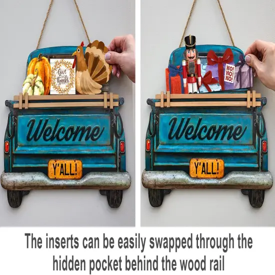 Interchangeable Welcome Sign for Front Door Blue Farmhouse Truck Decor Hanging Sign with 11 Interchangeable Seasonal and Holiday Decor Signs 12x14 in. (Blue Farmhouse Truck) {4}