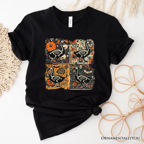 Skeleton Goose Patchwork T-Shirt, Floral Halloween Tee for The Spooky Season {1}