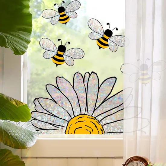 5pcs Bee Sunflower Window Stickers - Double-Side Glass Decals (White) {1}