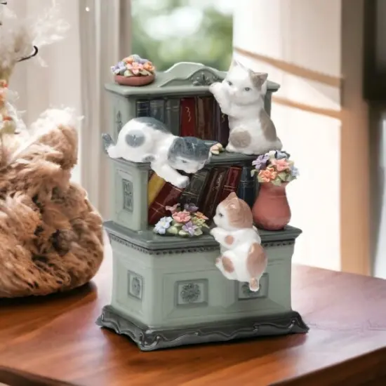 Ceramic Cats Playing on Bookshelf with Flowers Music Box, Home D&eacute;cor, Gift for Her, Mom, Kitchen D&eacute;cor, Cat Lovers Gift, Pet Loss Gift {1}