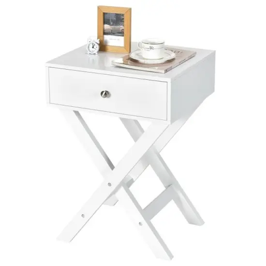 X-Shape 1 Drawer Nightstand White End Table with Storage for Bedroom {1}
