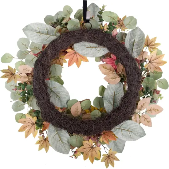 24" Fall Wreath for Front Door, Handmade with Faux Dahlia Camellia Sunflower {2}