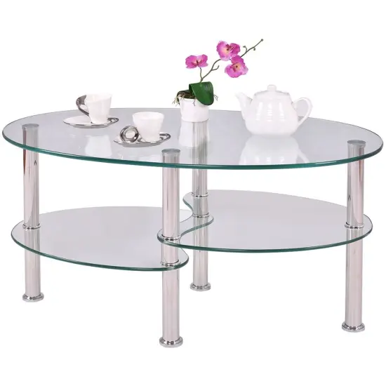 Modern Clear Tempered Glass Coffee Table with Oval Shape and Two Bottom Storage Shelves {2}