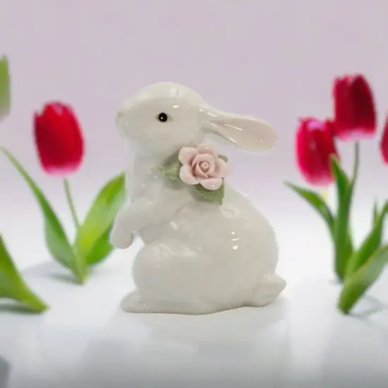 Springtime Bunnies: Standing Easter Bunny Rabbit with Pink Rose Flower Figurine {1}