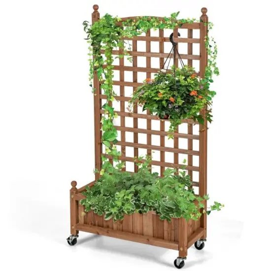 Dark Brown Fir Wood Plant Trellis Planter with Lockable Wheels and Deep 6.5" Planting Bed {1}