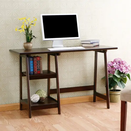 Espresso Wood Laptop Desk with A-Frame Legs and 2 Shelves for Home Office {2}