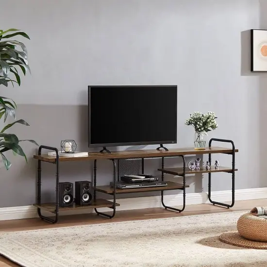 Large Modern Engineered Wood TV Stand with Metal Frame and 4 Storage Shelves for TVs Up to 75 Inch Brown {1}