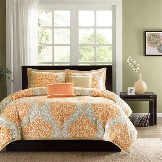 Twin Damask Comforter Set 4 Piece Orange and White Bedding {1}