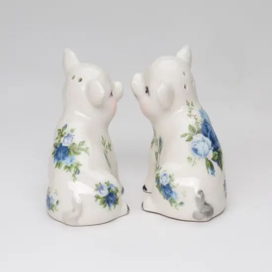 Ceramic Victorian Pig With Blue Rose Pattern Salt And Pepper Shakers, Farm Country House Decor, Gift for Mom {6}
