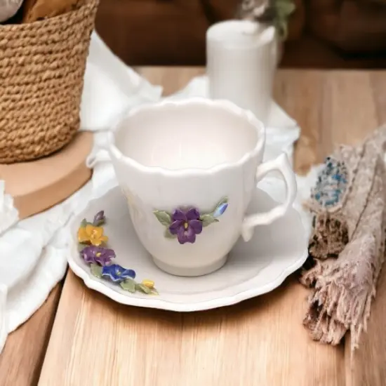 Ceramic Pansy Flower Mini Cup and Saucer Figurine, Home D&eacute;cor, Gift for Her, Gift for Mom, Kitchen D&eacute;cor {1}