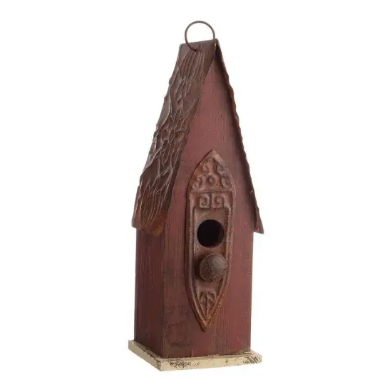 Rustic Brown Solid Wood and Iron Birdhouse with Metal Roof Hanging Ring {1}
