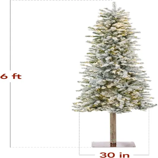 Flocked Pencil Christmas Tree Slim Alpine Green Tree with 250 LED Lights, Snowy Branches & Metal Stand {6}