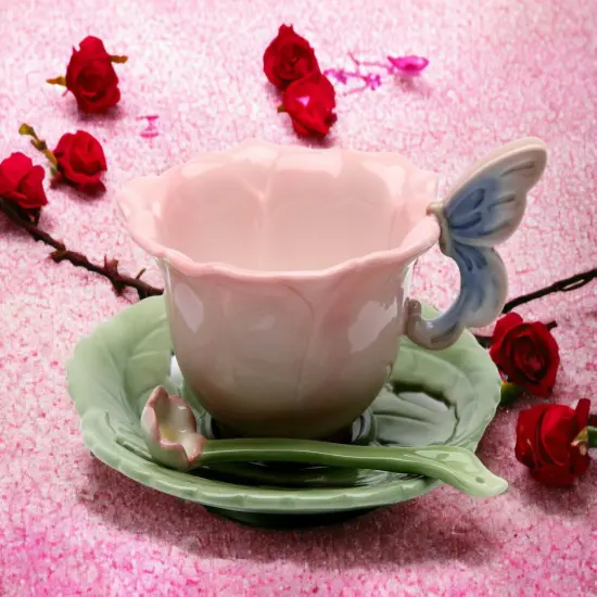 Ceramic Rose with Butterfly Cup and Saucer and Spoon-1 Set, Gift for Her, Gift for Mom, Gift for Friend, Tea Party D&eacute;cor, Caf&eacute; Decor {3}