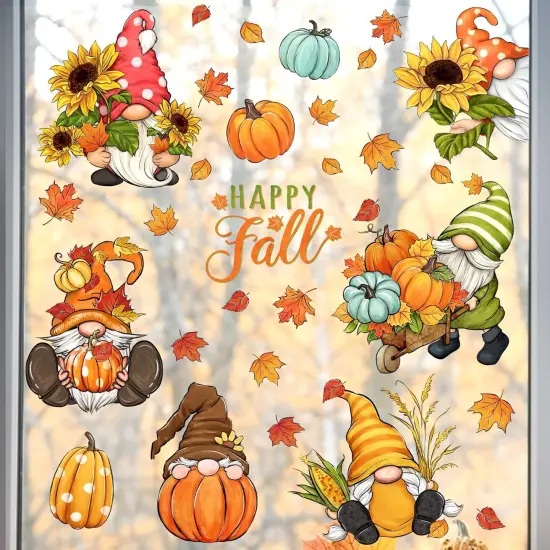 Happy Fall Gnome Window Clings 9 Sheets, Autumn Harvest Pumpkin {3}