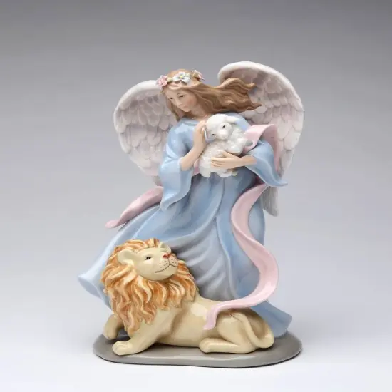 Ceramic Angel with Lion and Sheep Music Box, Religious D&eacute;cor, Religious Gift, Church D&eacute;cor, Church Gift, Baptism Gift {3}