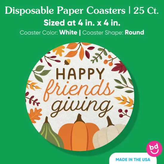 Big Dot of Happiness 25 Ct Fall Friends Thanksgiving Drink Coasters, 4-Inch Disposable Round Paper Coasters for Friendsgiving Party Decoration {5}