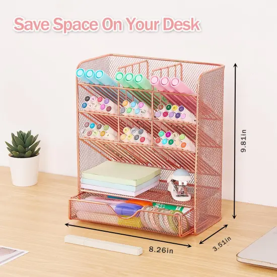 Spacrea Pen Holder Desk Organizer - Desk Organizers and Accessories, Pencil Holder with 10 Compartments and 1 Drawer(Rose Gold) {4}