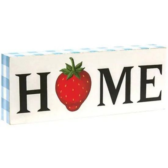 11.75" Freestanding Wooden Home Box Sign with Strawberry Accent and Blue White Gingham Pattern {1}