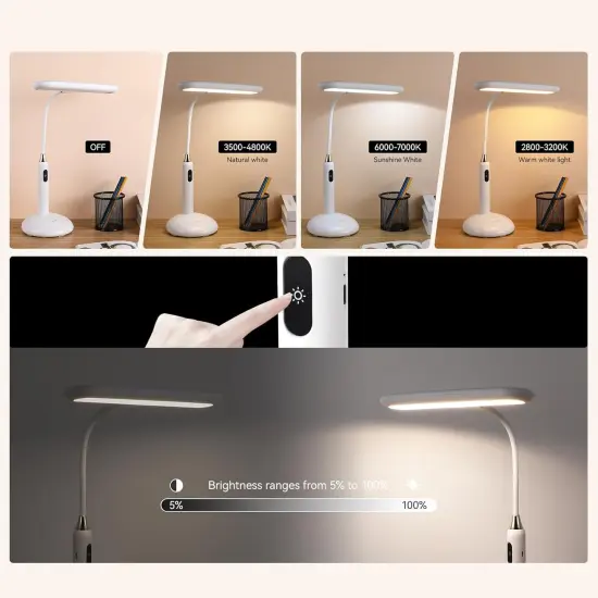 LED Desk Lamp 6778B - Touch Control, Adjustable 2700-7000K Color Temperature, 700 Lumens, 360&deg; Flexible Gooseneck, USB-C Charging, 2.5hrs Cordless, Eye-Caring Light (White) {2}