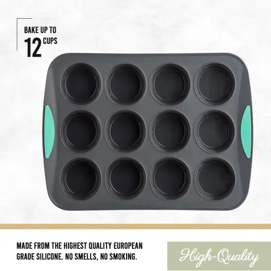 Structured Silicone Muffin Pan, Pan-12 Cup, Grey/Mint {2}