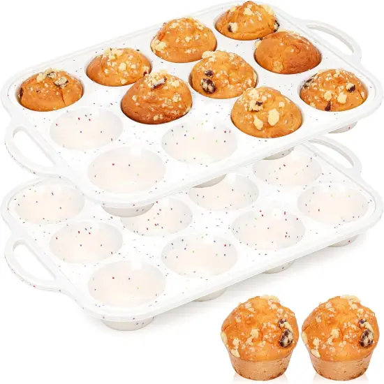 2 Pcs Silicone Muffin Pan for Baking Nonstick 12 Cup Standard Cupcake Pan Silicone Cupcake Mold with Metal Reinforced Frame BPA Free (Cream) {1}