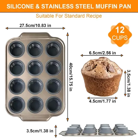 Silicone Muffin Pan with Metal Frame, 12 Cups Silicone Muffin Pan - Nonstick Cupcake Pan 1 Pack Regular Size Silicone Mold for Baking, Muffin Tins Easy to Pop Bakeware for Oven, Golden Gray {5}