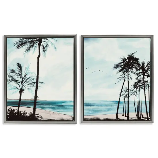 Stupell Industries Tropical Palm Seaview 2 pc Framed Floater Canvas Wall Art Set Design by Linda Baliko {1}