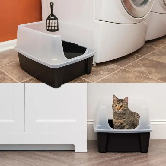 IRIS USA 2 Pack Large Cat Litter Boxes with Scatter Shield and Scoop, Open Top High Sided Cat Litter Pan, Black {3}