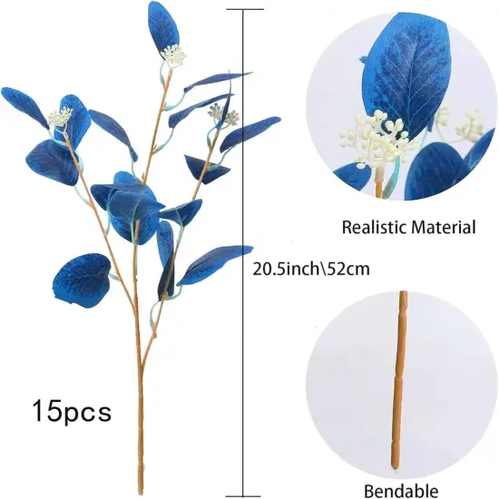 15PCS Artificial Blue Eucalyptus Stems Faux Greenery Stems with Seeds Blue Eucalyptus Leaves Fake Plants for Spring Floral Arrangement Home Kitchen Indoor Vase Party Decor (20.5") {2}
