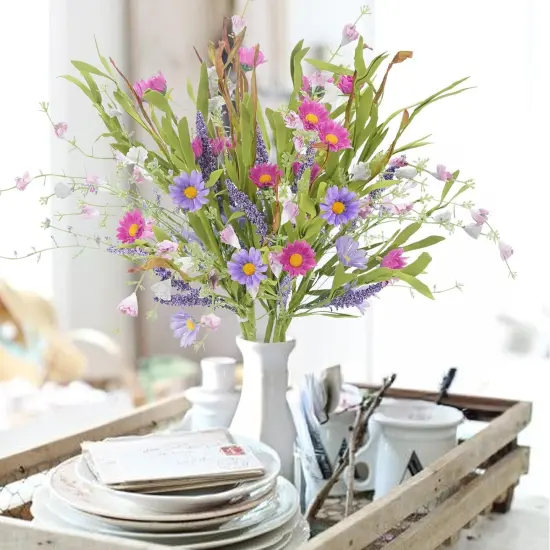 8 Bundles Spring Fake Flowers Artificial Daisy Lavender Flowers Stem Picks Faux Silk Spring Flowers Fake Wildflowers Bouquet for Home Indoor Table Vase Wedding Party Decor {3}