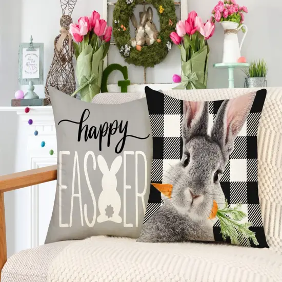 Easter Pillow Covers 18x18 Set of 4 Easter Decorations for Spring Farmhouse Pillows Easter Decorative Throw Pillows Buffalo Plaid Bunny Eggs Welcome Peeps Throw Cushion Case for Home Decor TH163 {6}