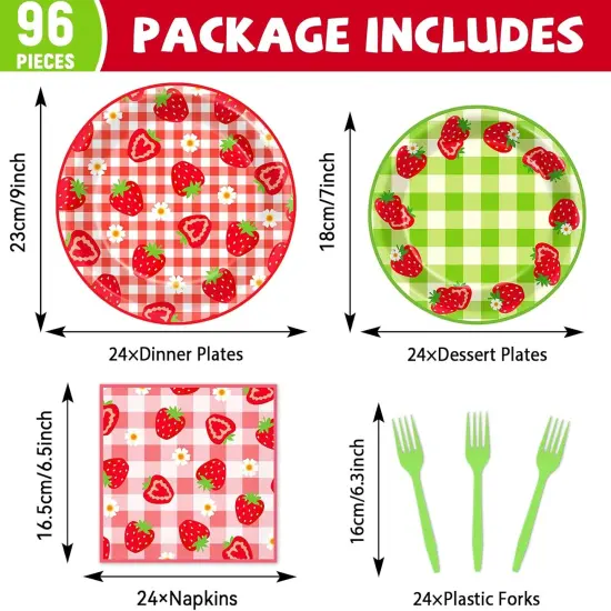 96Pcs Strawberry Party Plates and Napkins Birthday Party Supplies Spring Summer Fruit Paper Dessert Plates Strawberry Themed Tableware Set Disposable for 24 Guests 1st Birthday Party Decorations {2}