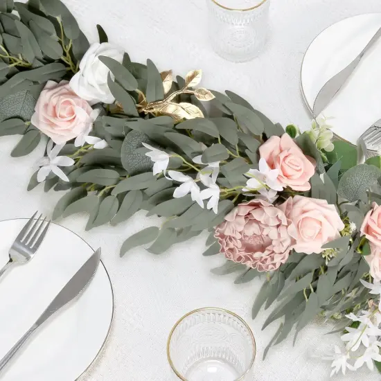 Pink Flower Garland 5.9ft Faux Eucalyptus and Rose Garland with Flowers for Wedding Centerpiece Table Decorations Flower Table Runner Sweetheart Table Decor（Blush Pink） {4}