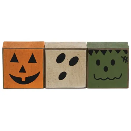 Halloween Wooden Blocks Set of 3 &ndash; Family-Friendly Ghost, Jack O&rsquo; Lantern & Frankenstein Painted D&eacute;cor {1}