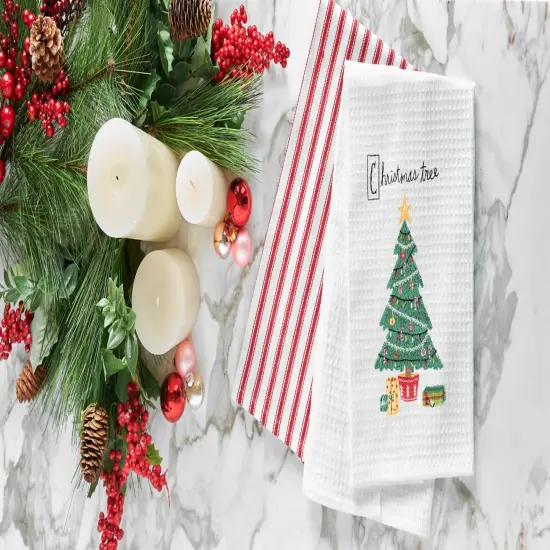 27" x 18' Holiday Christmas Tree Cotton Embroidered & Waffle Weave Kitchen Dish Towel {4}