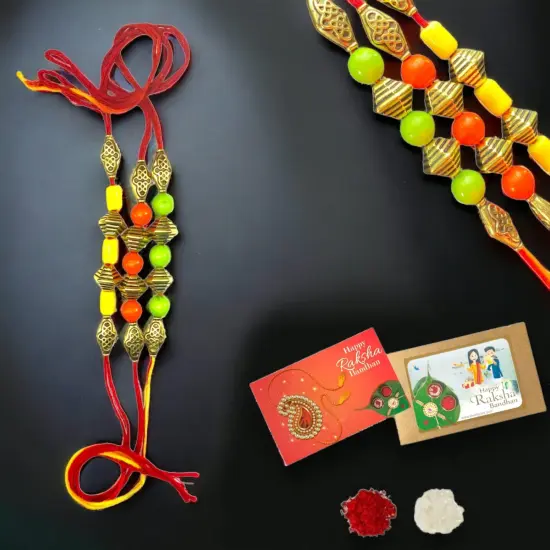 Rakhi for Brother Bhaiya Bhabhi Traditional Handmade Assorted Designer Rakhi Set Roli Chawal, Greeting Card Rakshabandhan Rakhi Bracelet Hemper Gift {3}