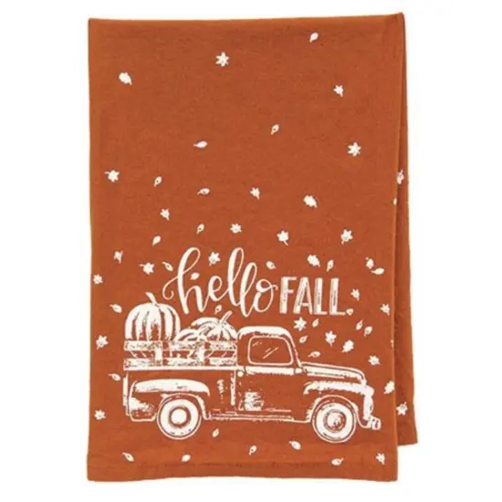 Hello Fall Pumpkin Truck Cotton Dish Towel Burnt Orange Rustic Autumn Kitchen Decor {1}